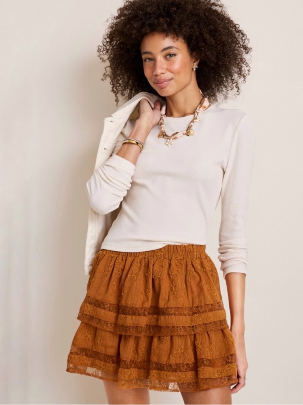 Francesca's Brown Lace Tiered Mini Skirt NWT